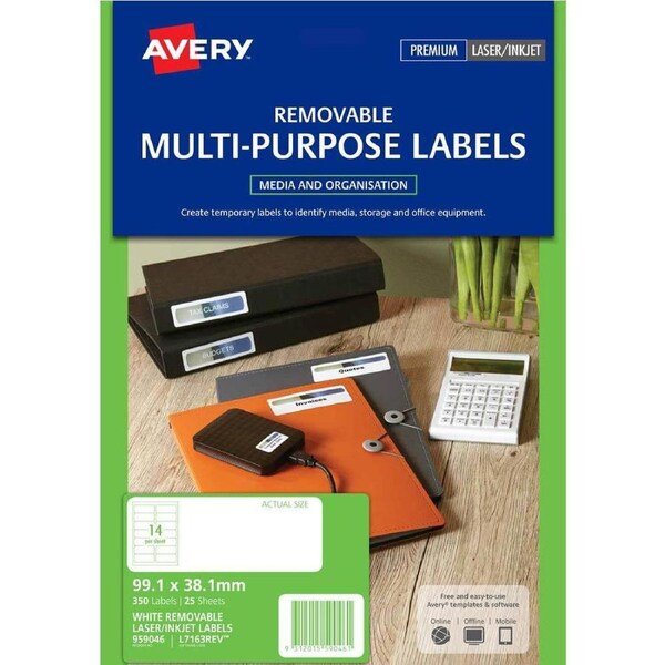 Avery 959046 L7163 Removable Multi-Purpose Label Laser Inkjet 14up White Pack 25