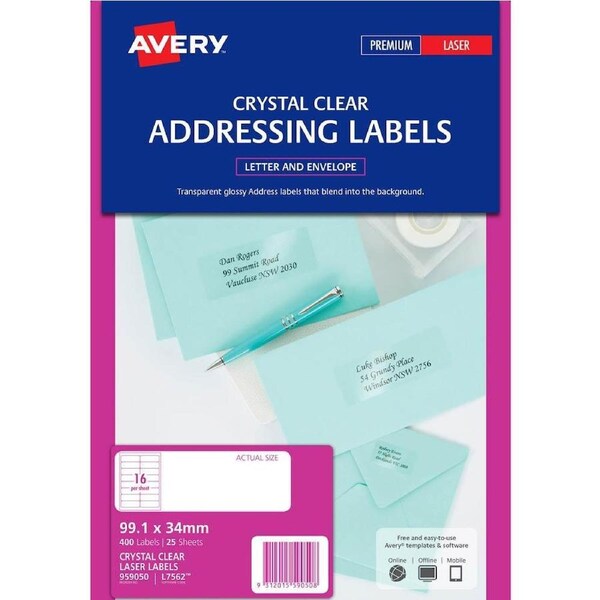 Avery 959050 L7562 Crystal Clear Address Label Laser 16up Clear Pack 25