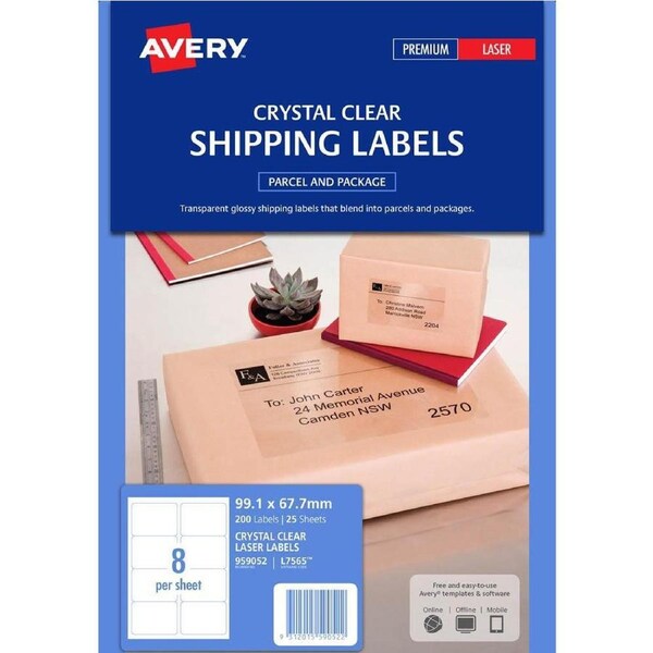 Avery 959052 L7565 Crystal Clear Address Label Laser 8up Clear Pack 25