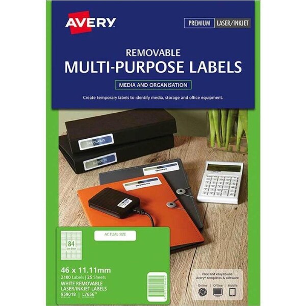 Avery 959053 L7656 Removable Multi-Purose Label Laser Inkjet 84up White Pack 25
