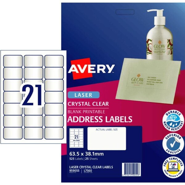 Avery 959055 L7560 Crystal Clear Address Label Laser 21/Page Clear Pack 25