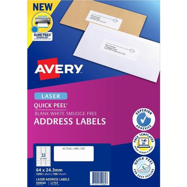 Avery 959060 L7157 Quick Peel Address Label With Sure Feed Laser 33up White Pack 100