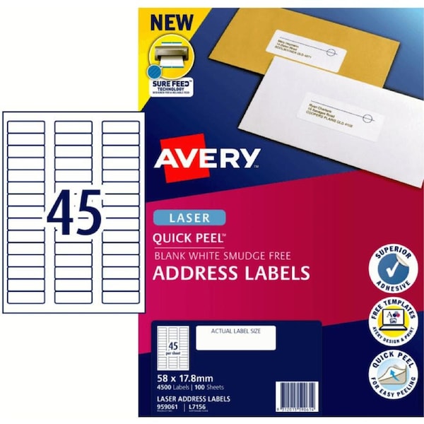 Avery 959061 L7156 Quick Peel Address Label Sure Feed Laser 45/Sheet White Pack 100