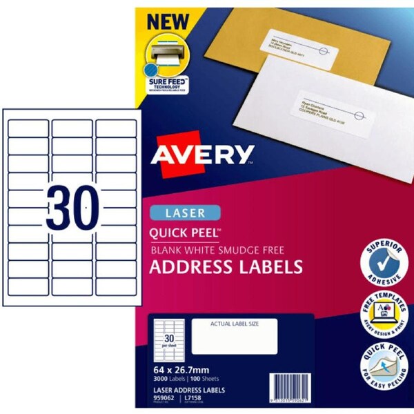 Avery 959062 L7158 Address Labels Sure Feed Laser 30/Page White Pack 100 Sheets