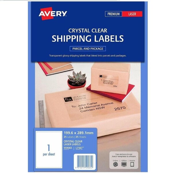 Avery 959065 L7567 Crystal Clear Address Label Laser 1UP A4 Clear Pack 25