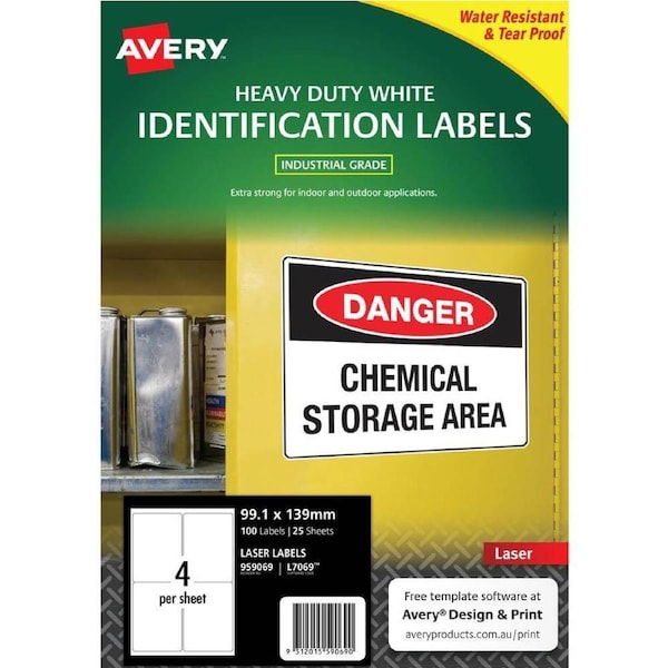 Avery 959069 L7069 Heavy Duty Laser Labels White 4up Pack 25