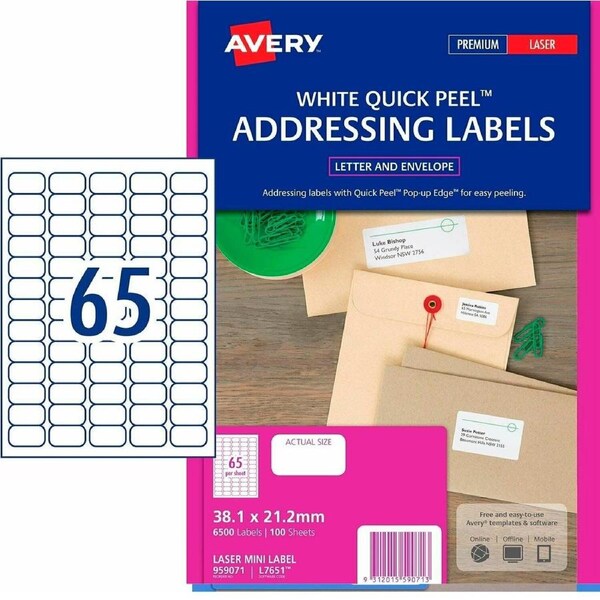 Avery 959071 Address Labels Laser 65UP/Sheet White Pack 100