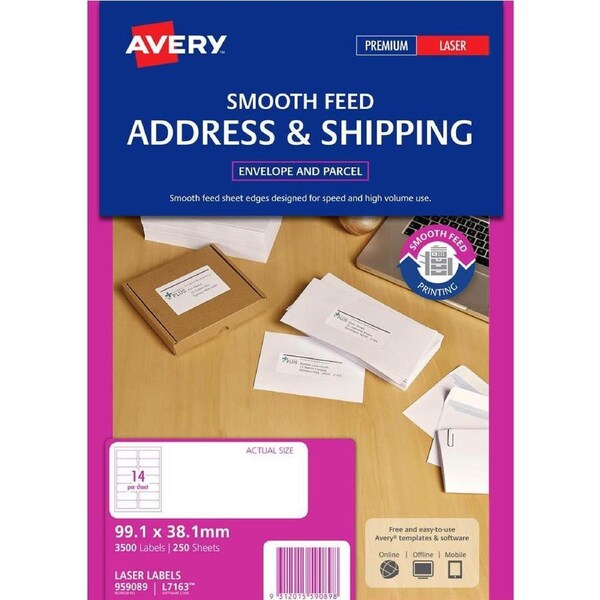 Avery 959089 L7163 Address Label Smooth Feed Laser 14up White Pack 250