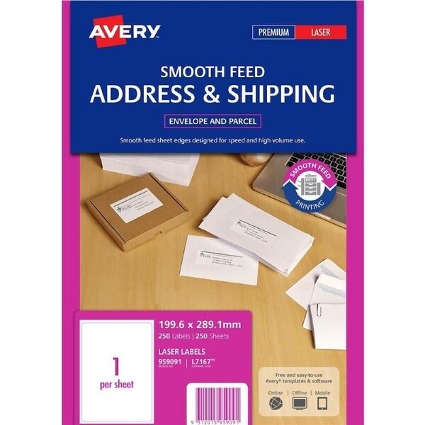Avery 959091 L7167 Shipping Label Smooth Feed Laser 1up White Pack 250