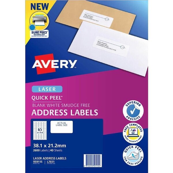 Avery 959115 L7651 Quick Peel Address Label With Sure Feed Laser 65up White Pack 40