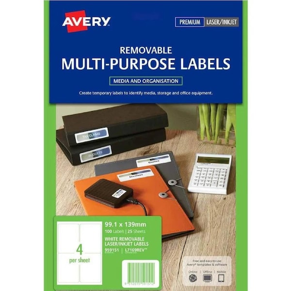 Avery 959151 L7169Rev Removeable Multi-Purpose Label 4Up White Pack 25