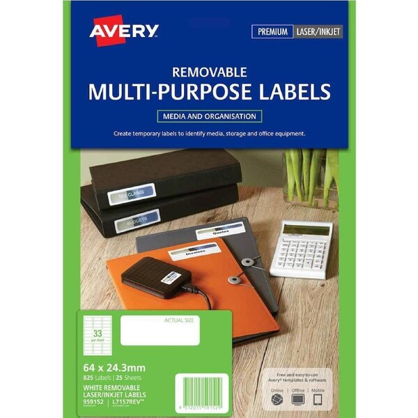 Avery 959152 L7157Rev Removeable Multi-Purpose Label 33up White Pack 25