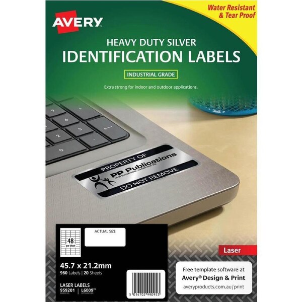 Avery 959201 L6009 Heavy Duty Laser Labels Silver 48/Sheet Pack 20