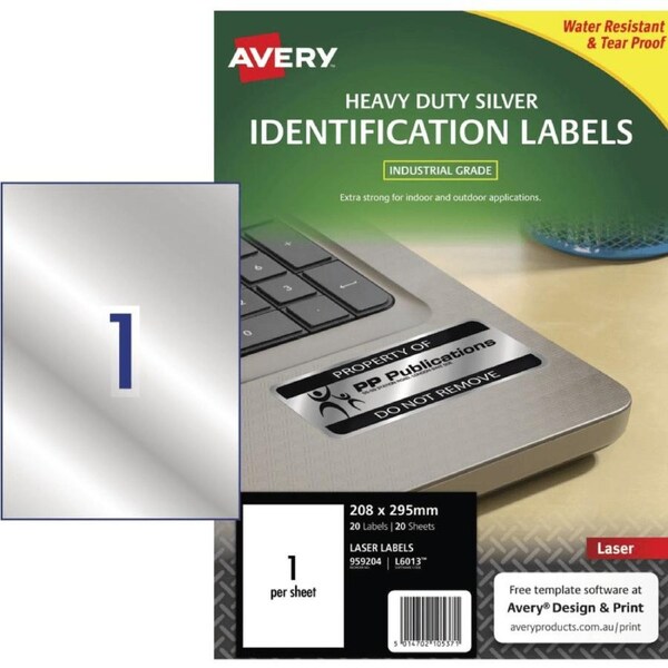 Avery 959204 L6013 Heavy Duty Laser Labels Silver 1 UP Per Page Pack 20