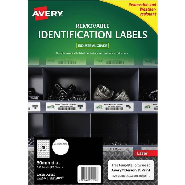 Avery 959206 Removable Heavy-Duty Labels 30mm White Pack 20