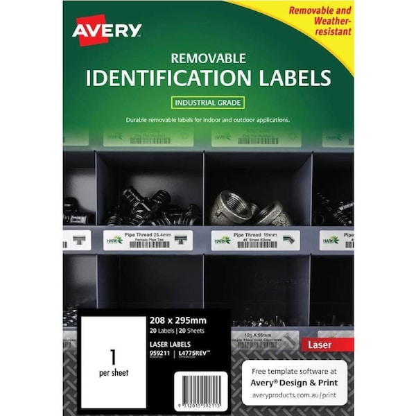 Avery 959211 Removable Heavy-Duty Labels 210×297mm White Pack 20
