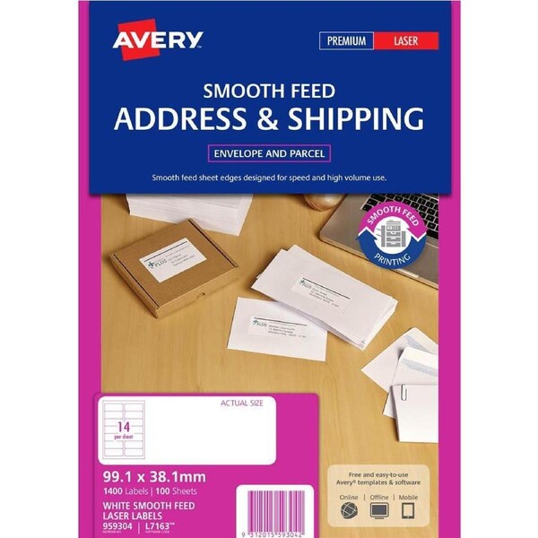 Avery 959304 L7163 Address Label Smooth Feed Laser 14up White Pack 100