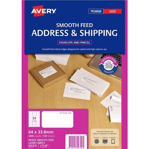 Avery 959329 L7159 Address Label Smooth Feed Laser 24up White Pack 100
