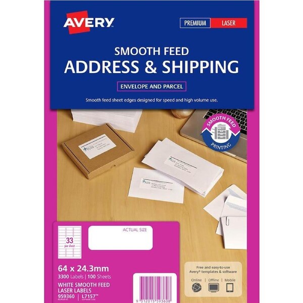 Avery 959360 L7157 Address Label Smooth Feed 33 White Pack 100