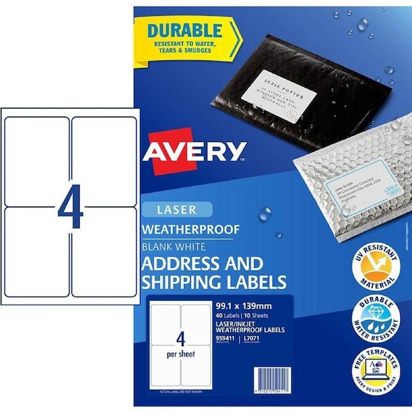 Avery 959411 L7071 Weatherproof Shipping Labels 4up White Pack 10