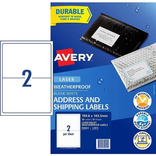 Avery 959412 L7072 Weatherproof Shipping Labels 2up White Pack 10