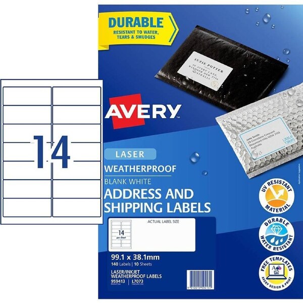 Avery 959413 L7073 Weatherproof Shipping Labels 14up White Pack 10