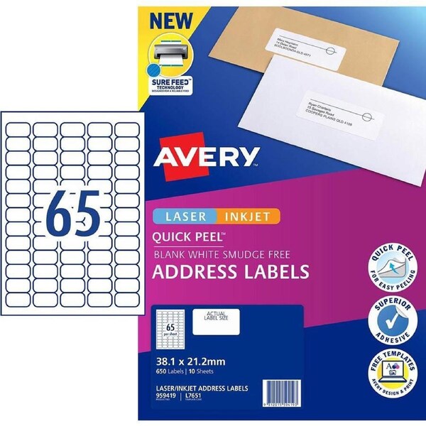 Avery 959419 L7651 Quick Peel Address Label With Sure Feed Laser 65Up White Pack 10