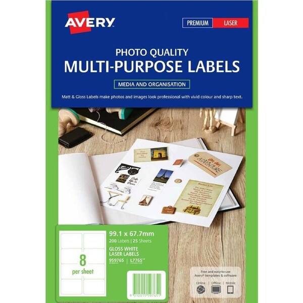Avery 959765 L7765 Multi-Purpose Photo Quality Label Laser 8up Gloss White Pack 20