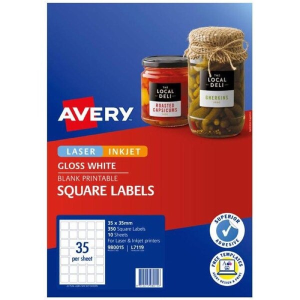 Avery 980015 L7119 Product Label Square Laser 35Up Gloss White Pack 10