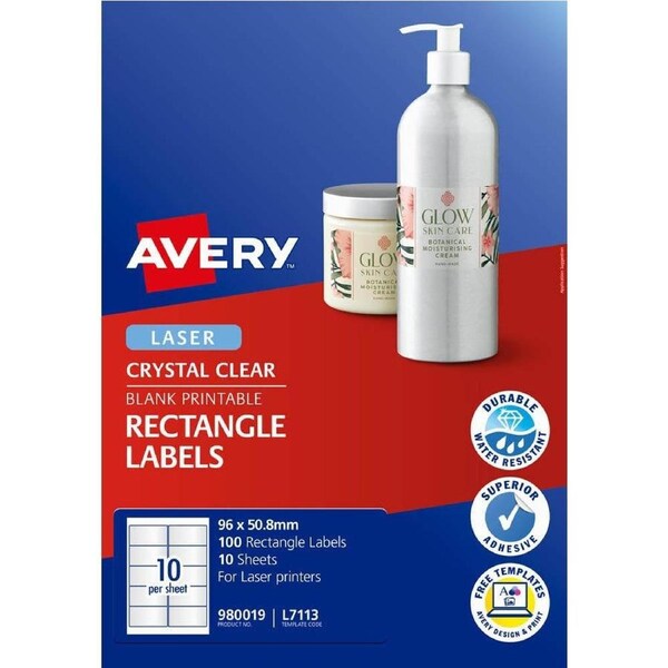 Avery 980019 L7113 Crystal Clear Rectangle Labels 10/Page Pack 10 Sheets