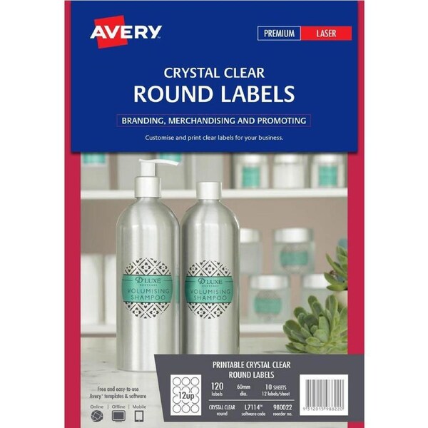 Avery 980022 L7114 Crystal Clear Round Label 12Up Clear Pack 10