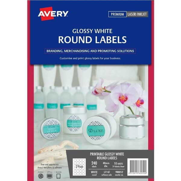 Avery 980052 L7147 Printable Round Labels 40mm Glossy White Pack 240