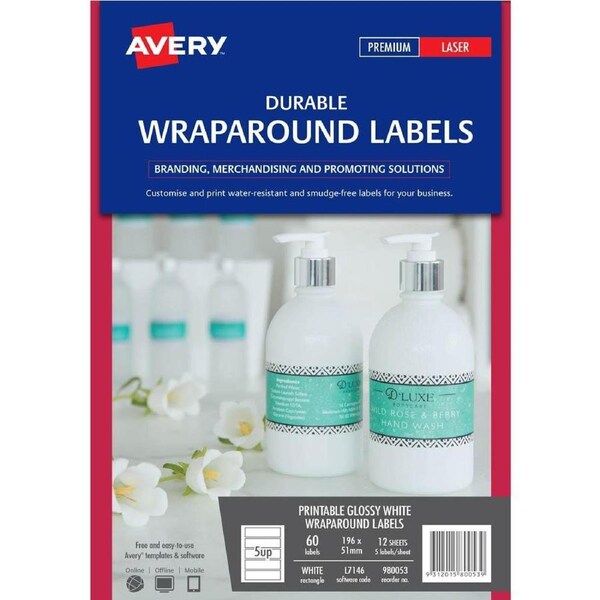 Avery 980053 L7146 Durable Printable Wraparound Labels 196x51mm White Pack 60
