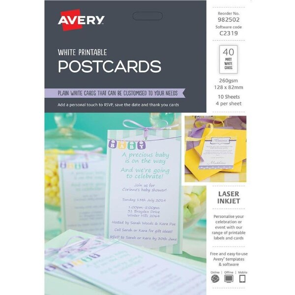 Avery 982502 C2319 Postcards White Printable Pack 40 Post Cards