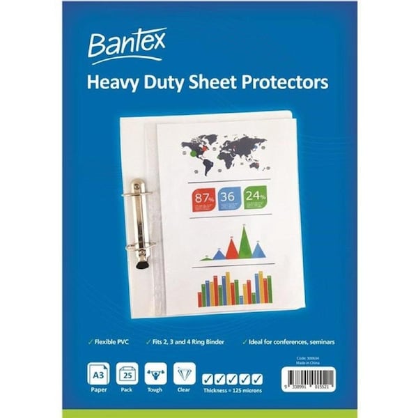 Bantex Heavy Duty Sheet Protectors 125 Micron A3 Clear Pack 25