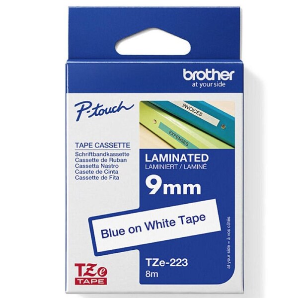Brother TZE-223 Laminated Labelling Tape 9mm Blue On White