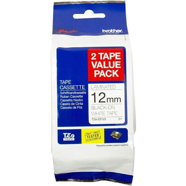 Brother TZe-231V2 Laminated Labelling Tape 12mm Black On White 2 Pack