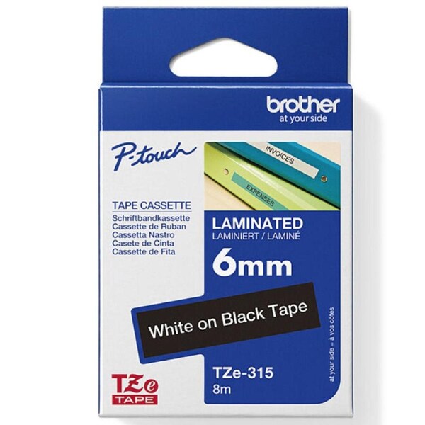 Brother TZE-315 Laminated Labelling Tape 6mm White On Black