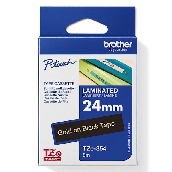 Brother TZE-354 Laminated Labelling Tape 24mm Gold On Black