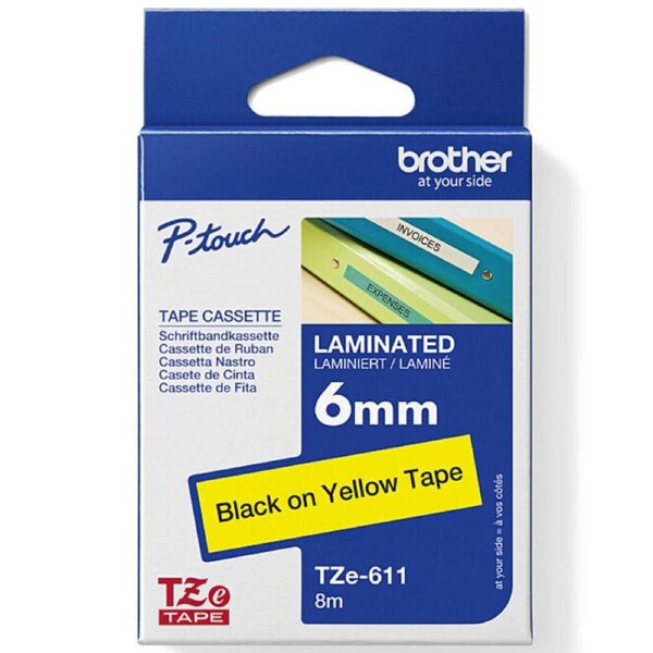 Brother TZE-611 Laminated Labelling Tape 6mm Black On Yellow