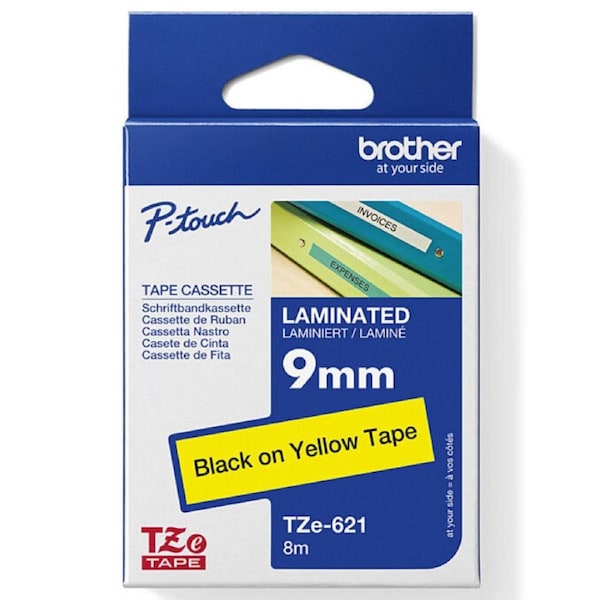 Brother TZE-621 Laminated Labelling Tape 9mm Black On Yellow