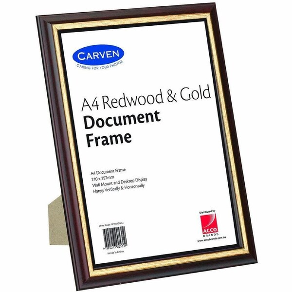 Carven Document Picture Photo Frame A4 Redwood/Gold with Stand