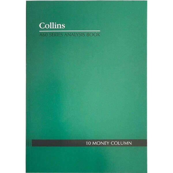 Collins A60 Series Analysis Book 10 Money Column Feint Ruled Stapled 60 Leaf A4 Green