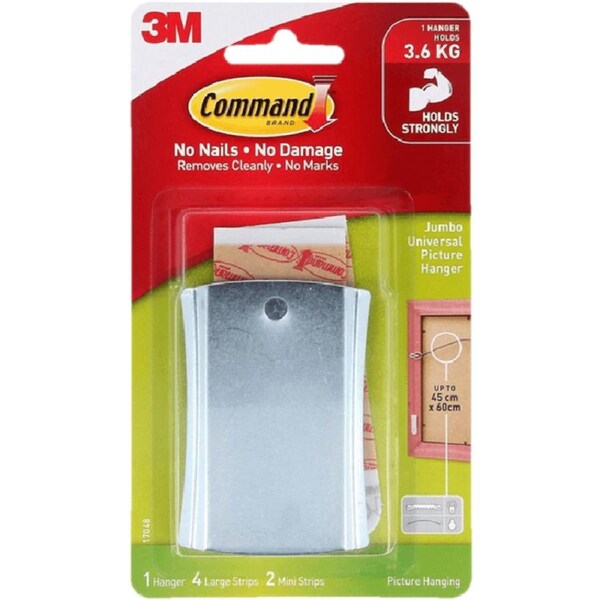 Command Adhesive Sticky Nail Picture Hanger Wire-Backed Metal Pack 1 Hanger, 4 Strips And 2 Stabilizer Strips