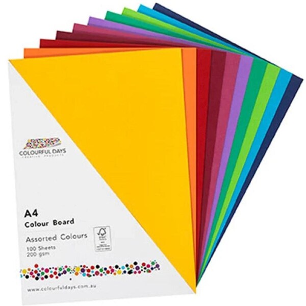 Colourful Days Colourboard Board Paper 200GSM A4 Assorted Colours Pack 100 Sheets