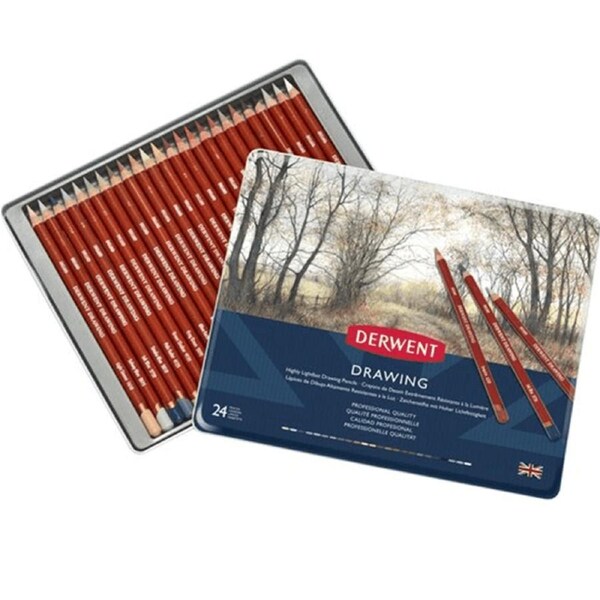 Derwent 24 Drawing Coloured Pencils Tin Set Pack High Lightfast Professional Artists