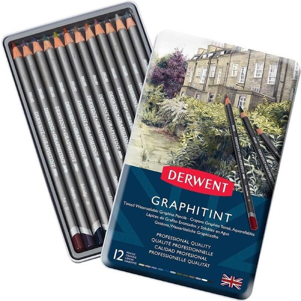 Derwent Graphitint Colour Pencils Tin 12 Set Coloured Artists