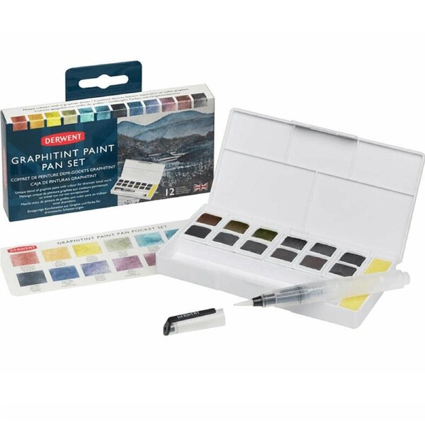 Derwent Graphitint Paint Pan Assorted Colours Set 12 + Waterbrush