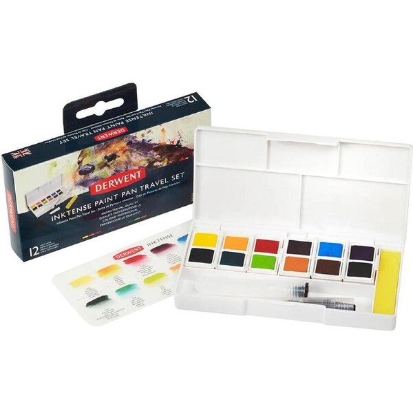 Derwent Inktense Paint Pan Travel Assorted Set 12 + Waterbrush