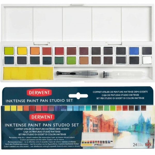 Derwent Inktense Watercolour Paint Pan Assorted Colours Set 24 + Waterbrush